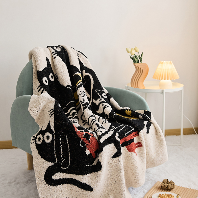 新款半边绒多功能毛毯休闲毯盖毯旅行毯沙发毯床尾巾弯月猫系列 130*160cm 弯月猫-猫的茶聚会
