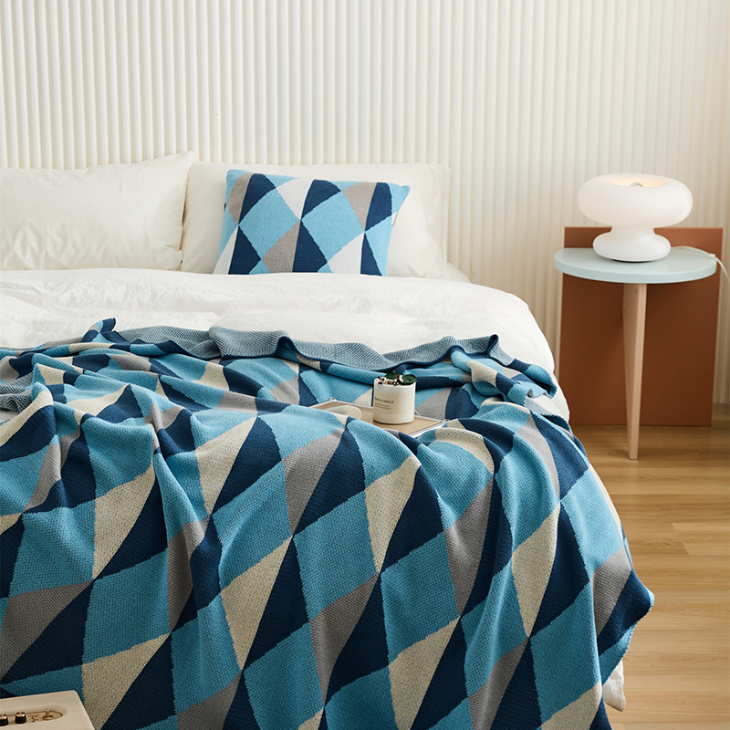 2023新款全棉艺术风格休闲毯旅行毯午睡毯沙发毯床尾巾暮云毯子系列 130*160cm 蓝色