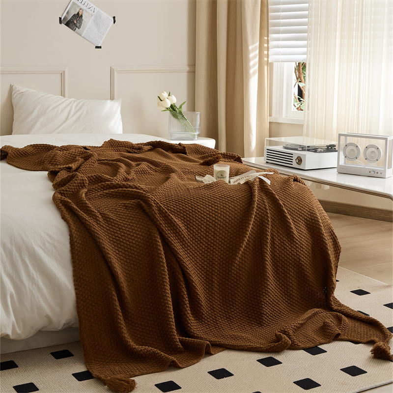 2023新款腈纶针织皎月毯子休闲毯盖毯旅行毯沙发毯床尾巾 130*170cm 咖色