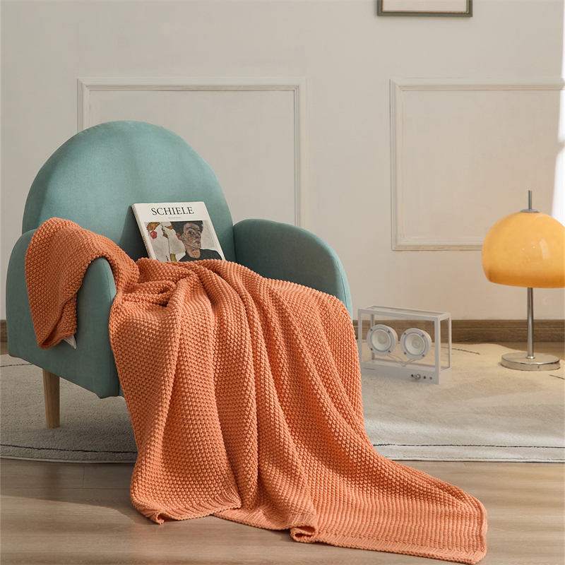 2023新款针织毯子休闲毯盖毯旅行毯沙发毯床尾巾-莫拉 130*160cm 橘色