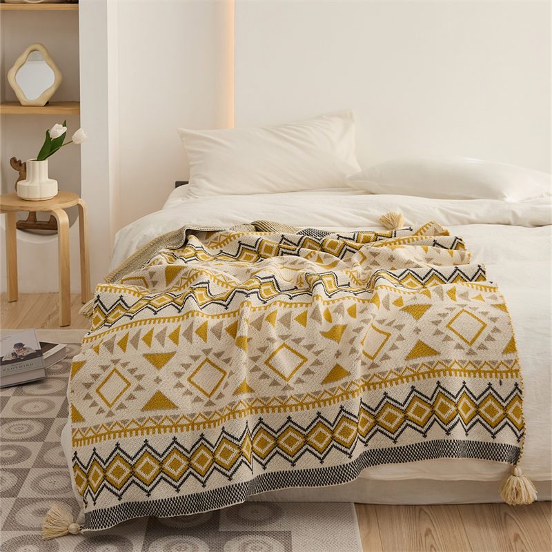 2023新款简约时尚多功能休闲毯盖毯旅行毯沙发毯床尾巾-图灵 100*150cm 黄色
