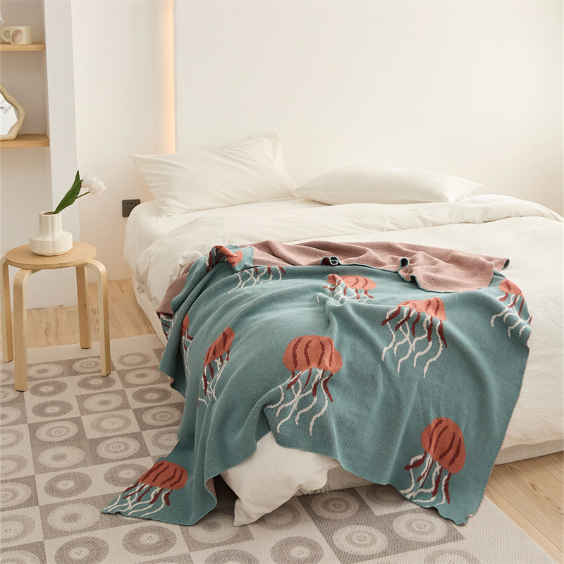 2023新款全棉水母盖毯休闲毯抱枕套靠枕、靠垫、方枕、方垫、午睡靠枕 130*160cm-盖毯 绿色-盖毯