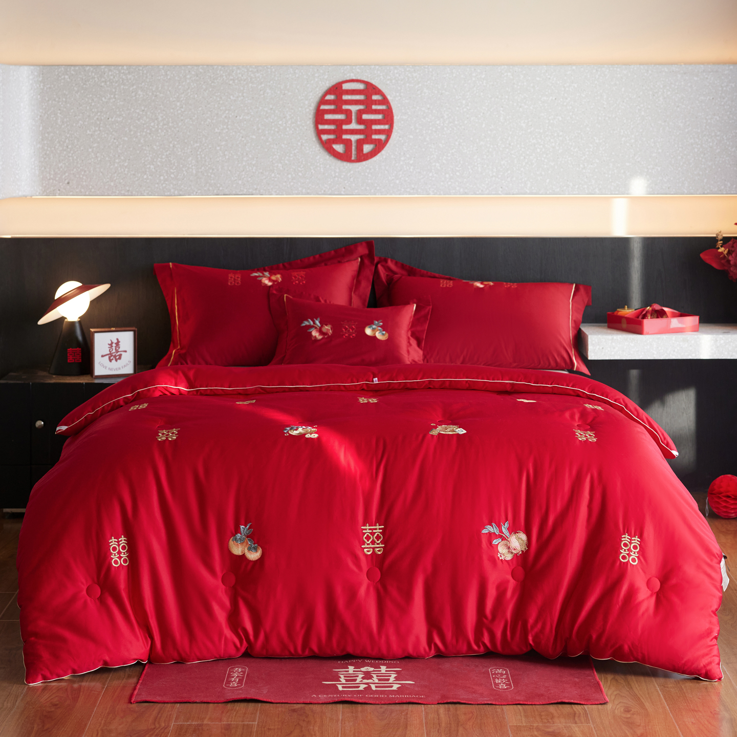 2025新款60S长绒棉蚕丝蛋白婚庆被-喜韵缱绻 喜韵红