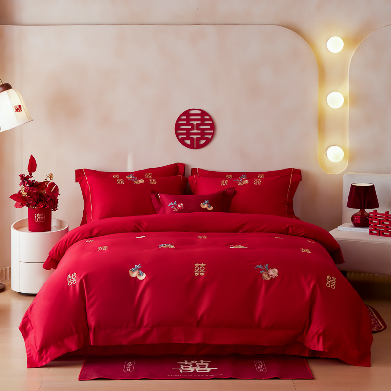 2025新款60S长绒棉刺绣婚庆四件套 喜韵缱绻