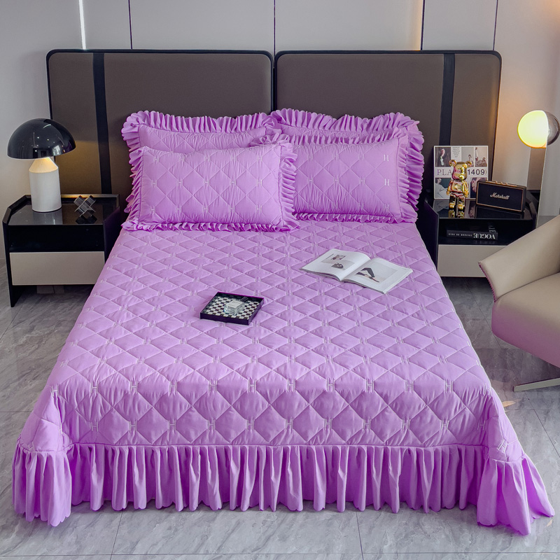 2024新款纯色磨毛夹棉绗缝花边床盖三件套 230*245cm单床盖 沉香紫