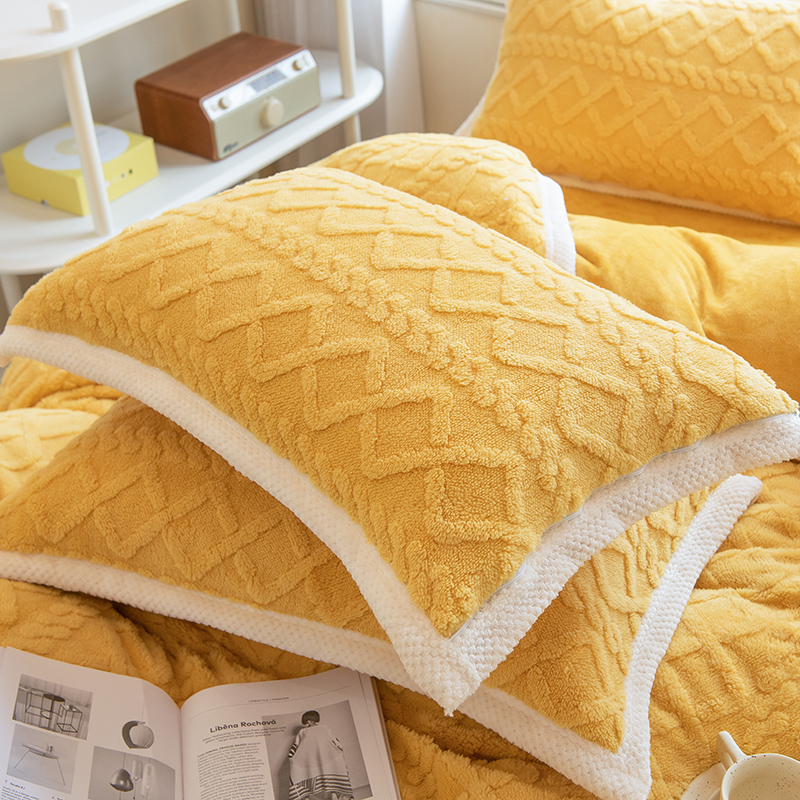2022新款保暖牛奶绒提花系列--单枕套 48*74cm/对 牛奶绒提花-柠檬黄