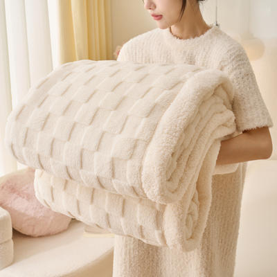 2023新款水立方羊羔绒多功能毛毯高克重法莱绒牛奶绒贝贝绒保暖毛毯 100x150cm 水立方-米白