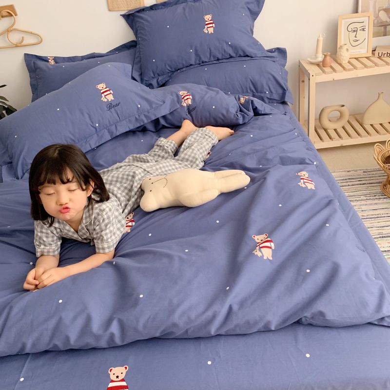 2019新款-卡通清新四件套棚拍 床单款四件套1.5m（5英尺）床 迷你熊-蓝