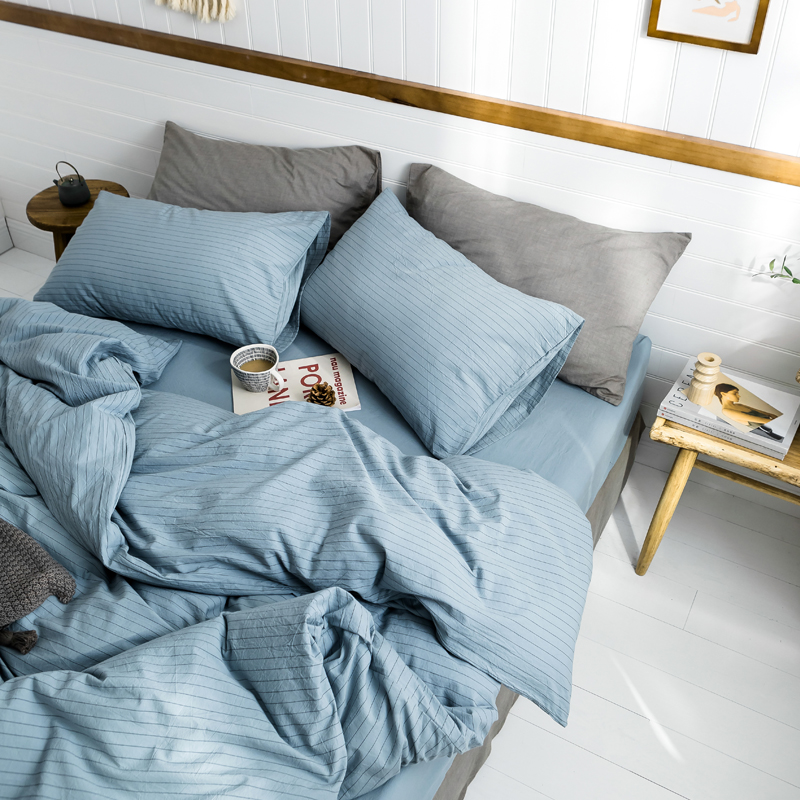 2019新款水洗棉1.0-1.5系列 三件套1.2m（4英尺）床 雾蓝细条