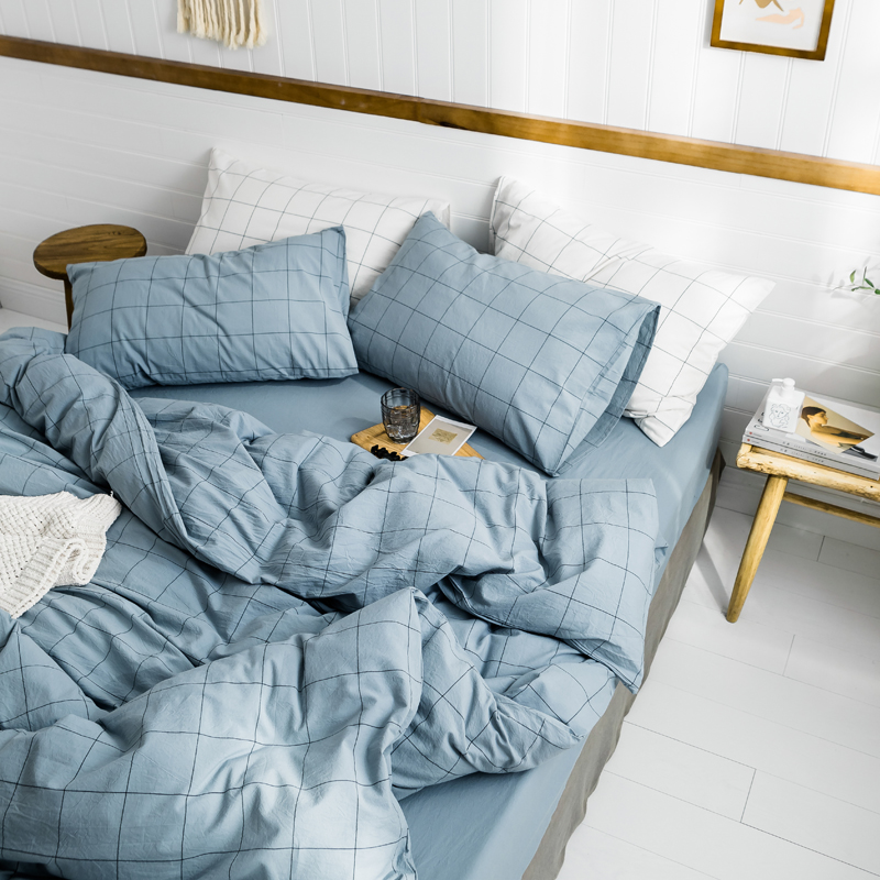 2019新款水洗棉1.0-1.5系列 三件套1.2m（4英尺）床 雾蓝中格