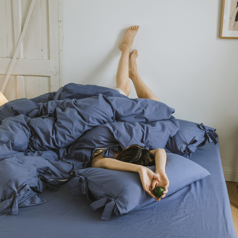 2019新款-水洗棉绑带款四件套 床单款1.8m（6英尺）床 月光蓝
