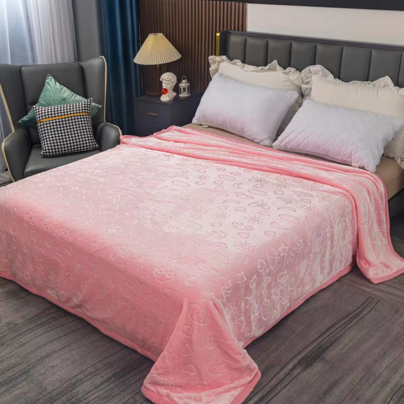 2023新款法兰绒素色双面压花云毯毛毯毯子 150*200cm 粉色