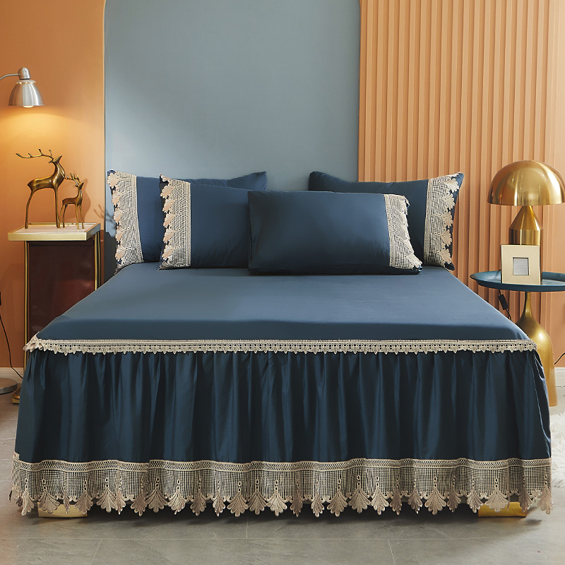 2021新款长绒棉水溶花边床裙格蕾尼系列—床裙三件套 1.5*2.0单床裙 蓝色
