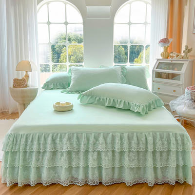 2024新款水洗锦棉法式三层蕾丝优雅床裙 1.5*2.0床裙 绿色
