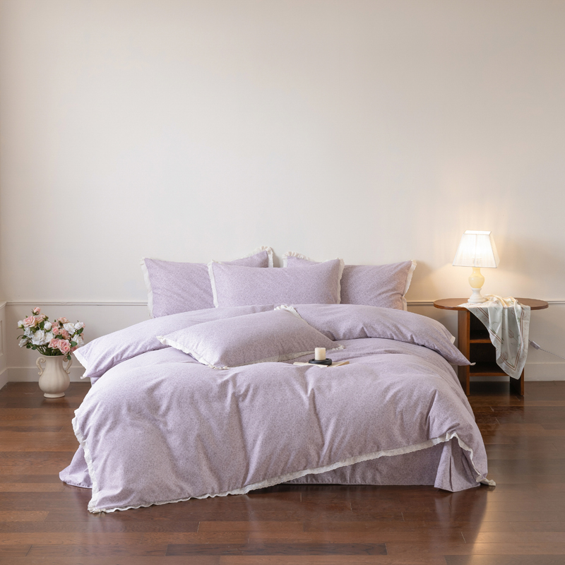 2026新款新疆棉磨毛花边工艺款四件套 青禾-紫