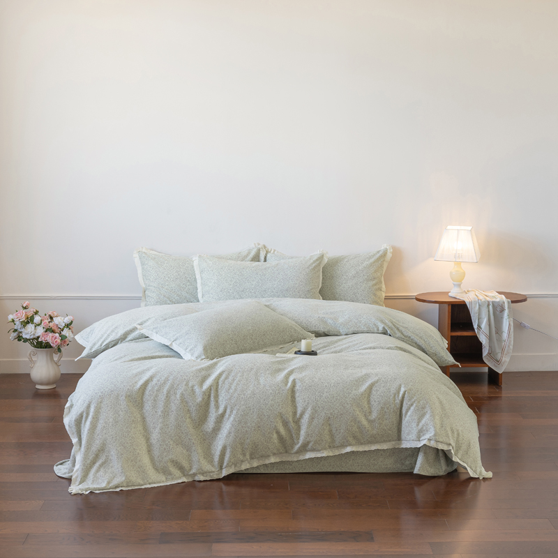 2026新款新疆棉磨毛花边工艺款四件套 青禾-草绿