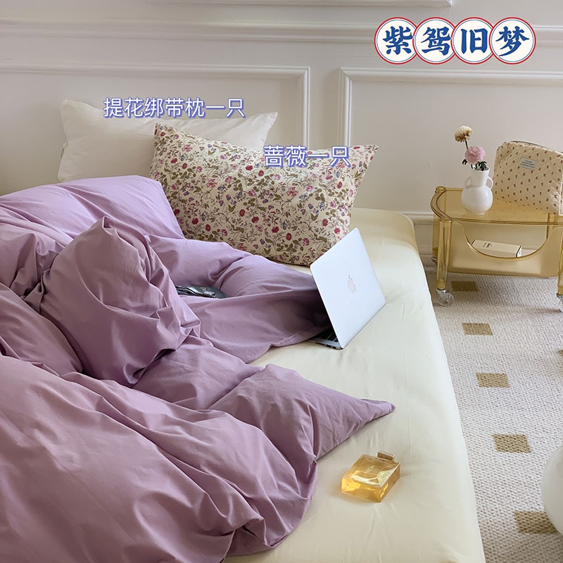 2022新款32S加密水洗棉混搭系列四件套 1.2m床单款三件套（枕套随机） 紫鸳旧梦（枕；蔷薇+ 提花绑带）
