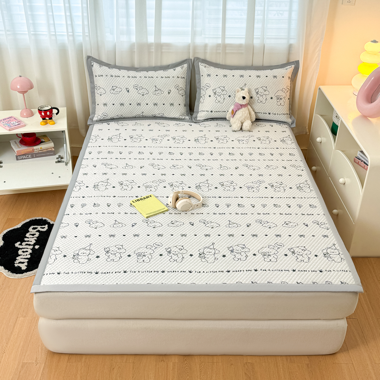 2026新款小清新款数码印花冰豆豆凉席-反面三明治 线条小狗