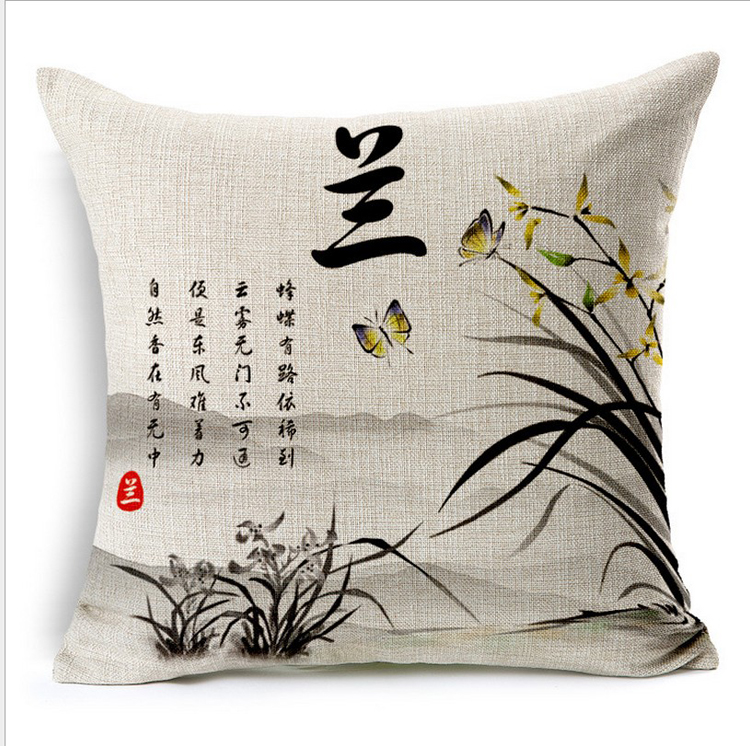 中国风棉麻抱枕-梅兰竹菊系列 45x45cm 兰（含芯）
