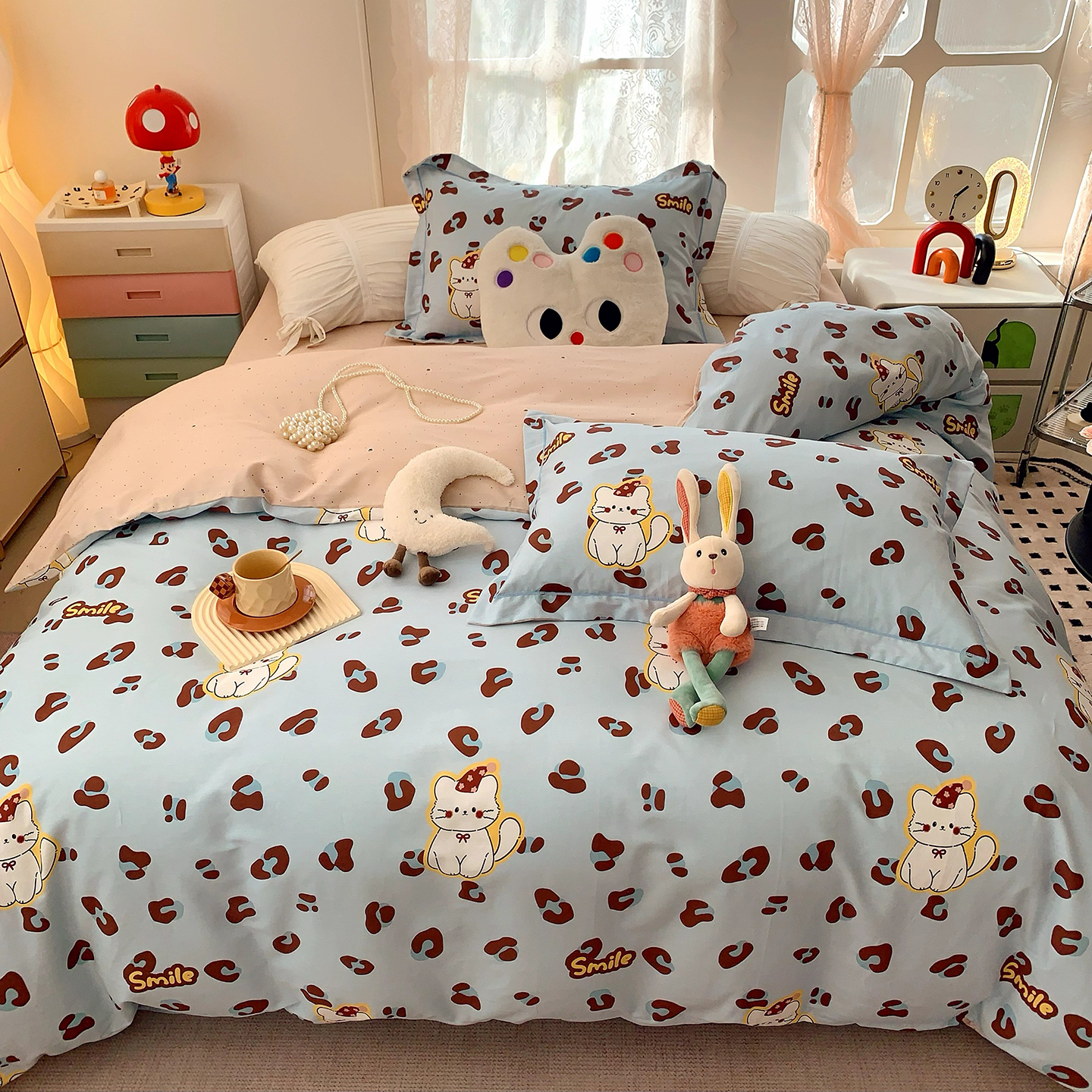 2026新款纯棉四件套-第一波 猫咪豹纹蓝