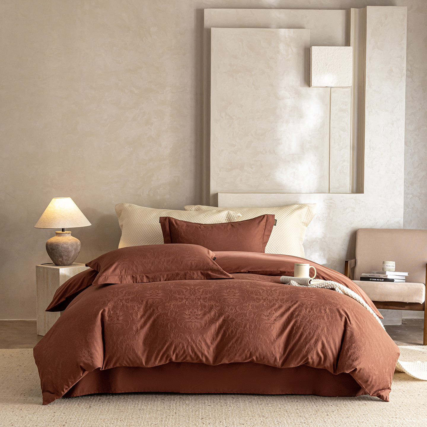 2025秋冬新品100支长绒棉提花磨毛四件套 暮迟秘鲁棕