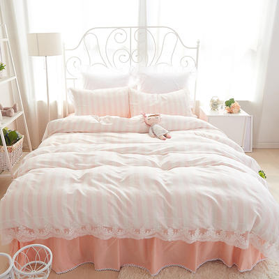 全棉四件套-蕾丝小姐系列 1.8m床裙款（四件套） 樱花粉条纹