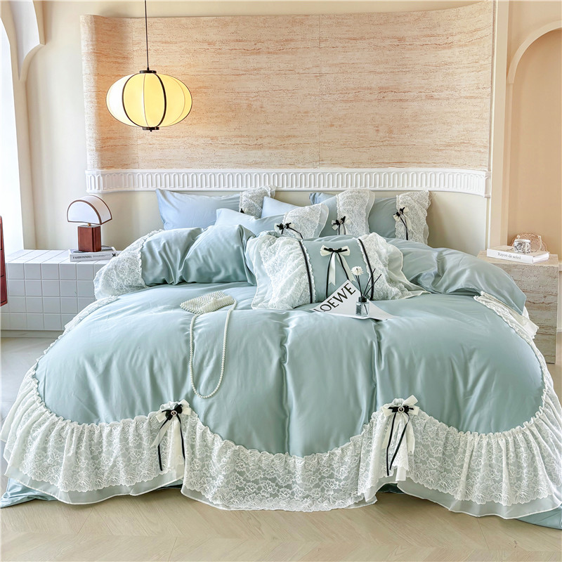 2025新款法式全棉100支贡缎长绒棉荷叶边花边纯棉四件套-伊丽莎白