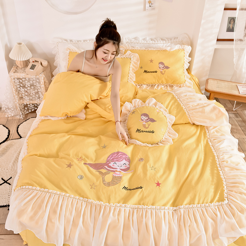 2020新款13376纯棉美人鱼系列四件套-床裙款 1.2m床裙款三件套 美人鱼-黄