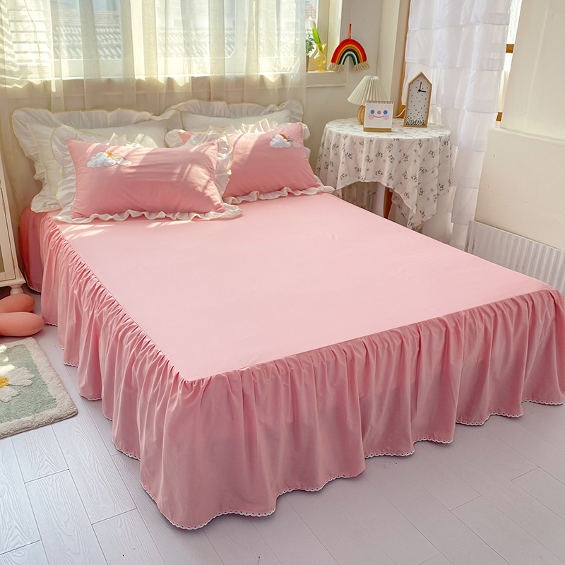 2024新款全棉蕾丝单床裙纯色系列 150*200cm 粉色