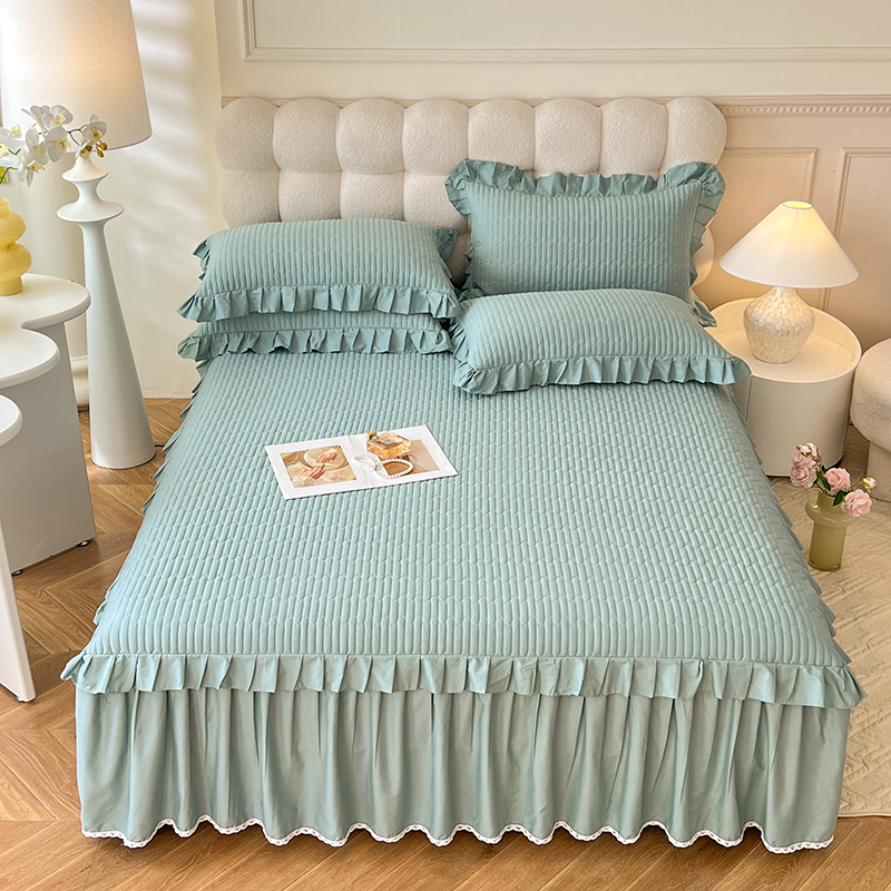 2025新款13376全棉夹棉床裙三件套13372纯棉纯色四件套双层花边公主风（可定制任意尺寸哦）