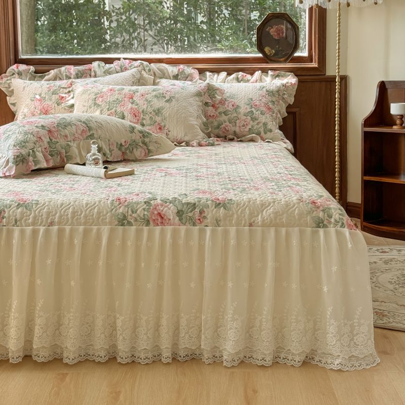 2024新款全棉夹棉绗缝床裙三件套纯棉印花法式四件套套件蕾丝公主风