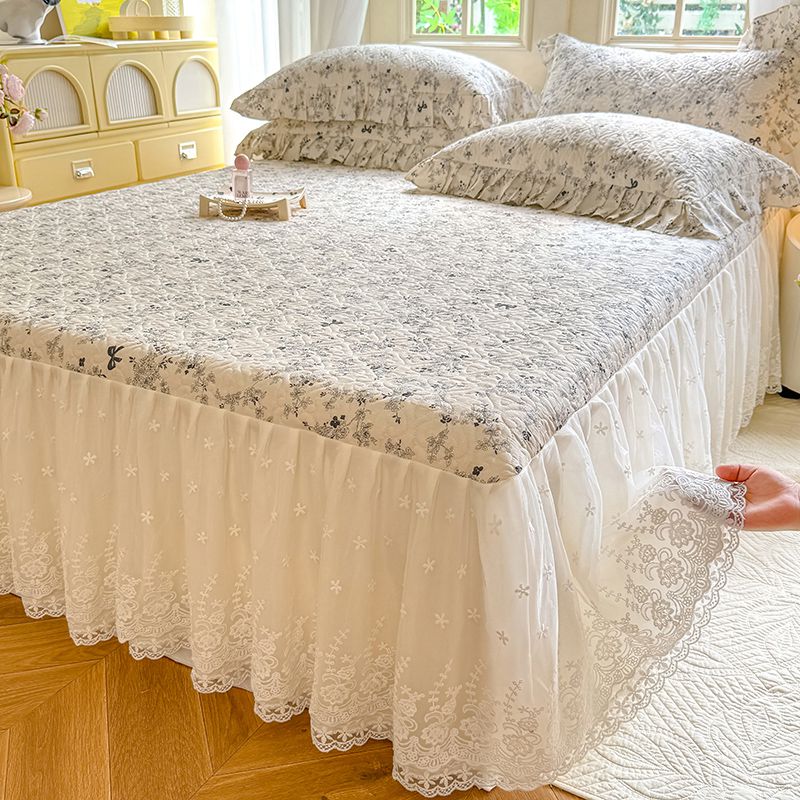 2024新款全棉夹棉绗缝床裙三件套纯棉印花法式四件套套件蕾丝公主风