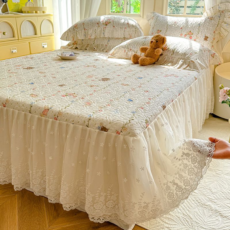 2024新款全棉夹棉绗缝床裙三件套纯棉印花法式四件套套件蕾丝公主风