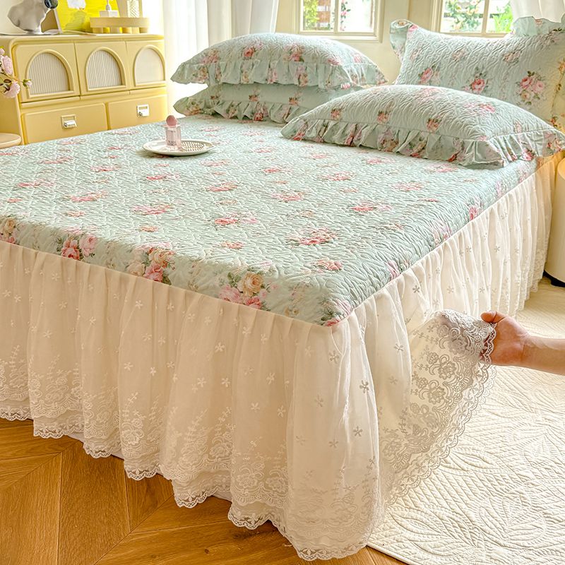 2024新款全棉夹棉绗缝床裙三件套纯棉印花法式四件套套件蕾丝公主风