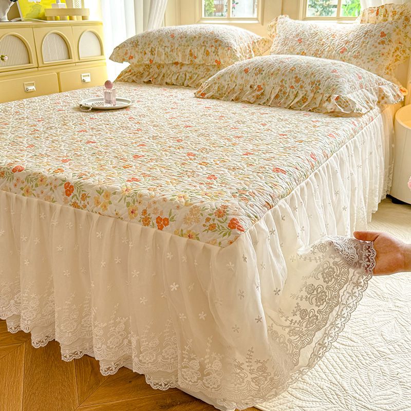 2024新款全棉夹棉绗缝床裙三件套纯棉印花法式四件套套件蕾丝公主风