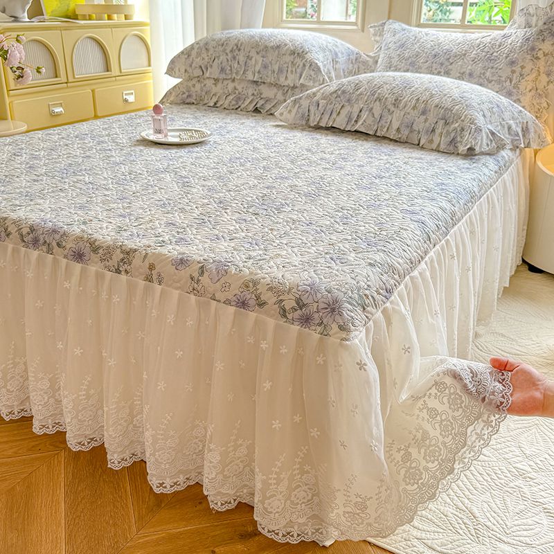 2024新款全棉夹棉绗缝床裙三件套纯棉印花法式四件套套件蕾丝公主风