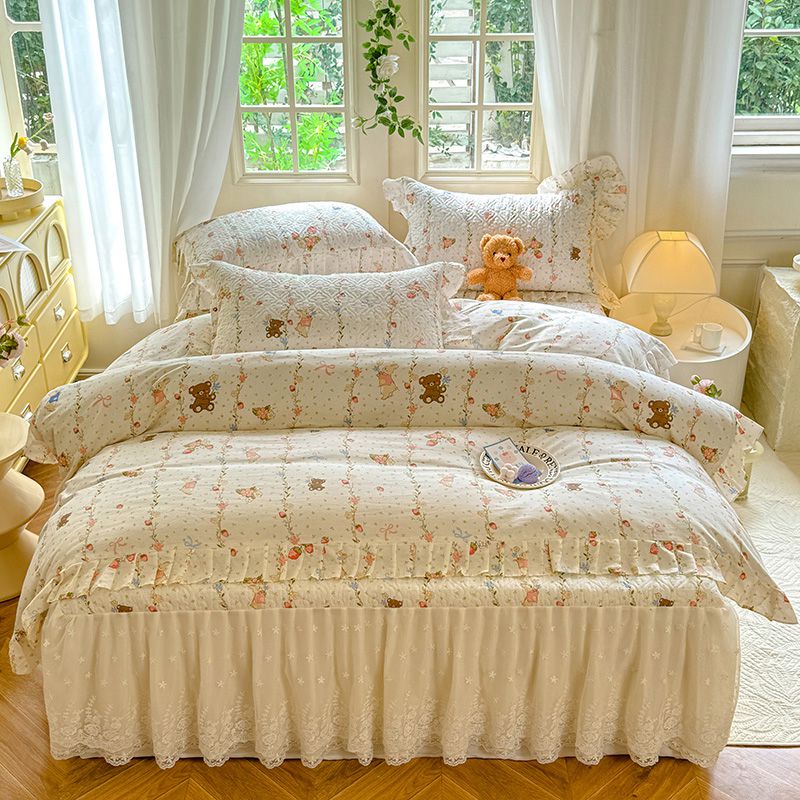 2024新款全棉夹棉绗缝床裙款四件套纯棉印花法式套件蕾丝公主风