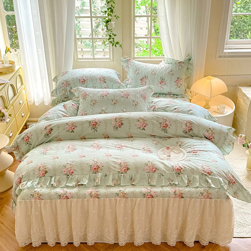 2024新款全棉夹棉绗缝床裙款四件套纯棉印花法式套件蕾丝公主风