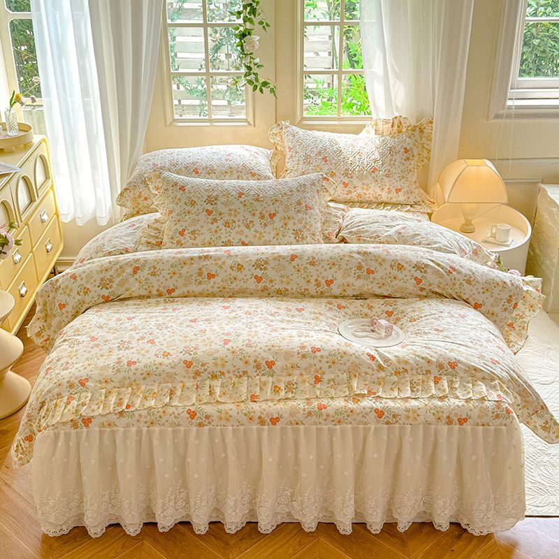 2024新款全棉夹棉绗缝床裙款四件套纯棉印花法式套件蕾丝公主风