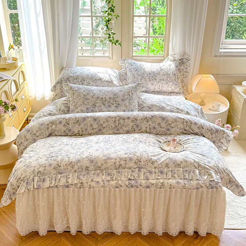 2024新款全棉夹棉绗缝床裙款四件套纯棉印花法式套件蕾丝公主风