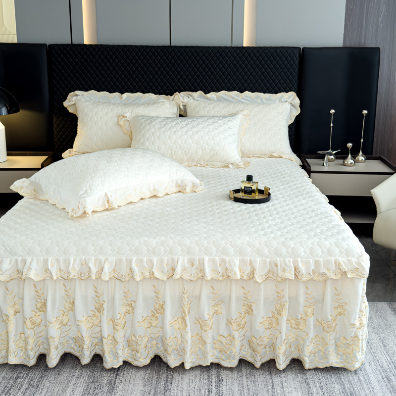 2024新款宝宝绒加厚保暖绒夹棉床裙三件套纯色套件刺绣公主风