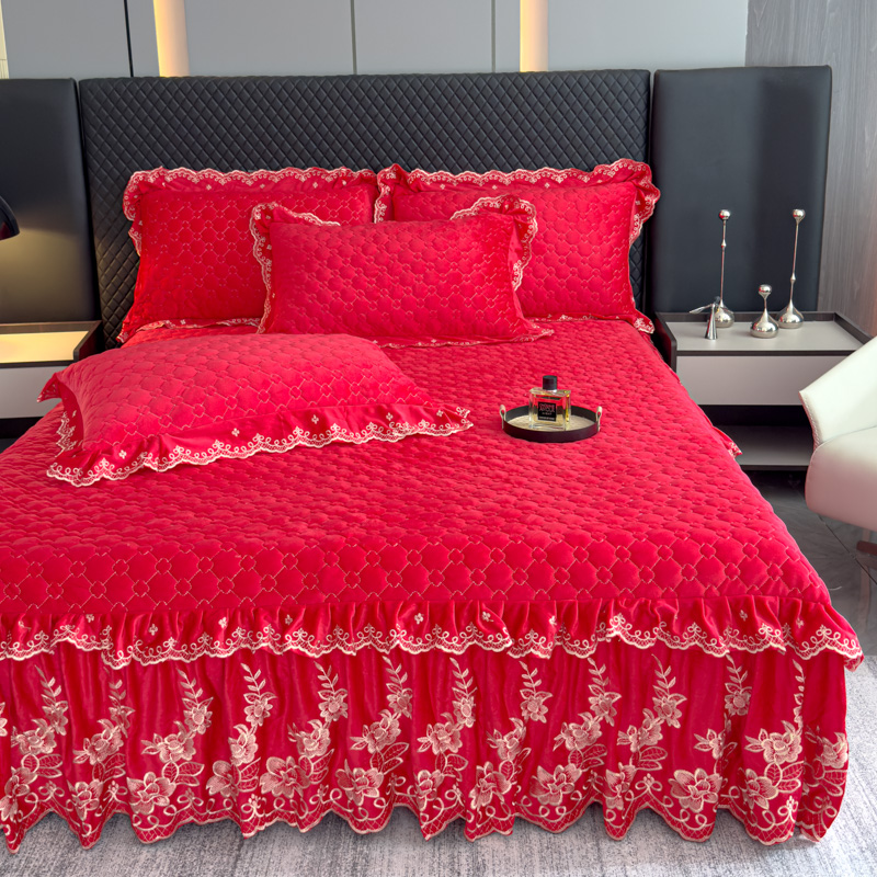 2024新款宝宝绒加厚保暖绒夹棉床裙三件套纯色套件刺绣公主风