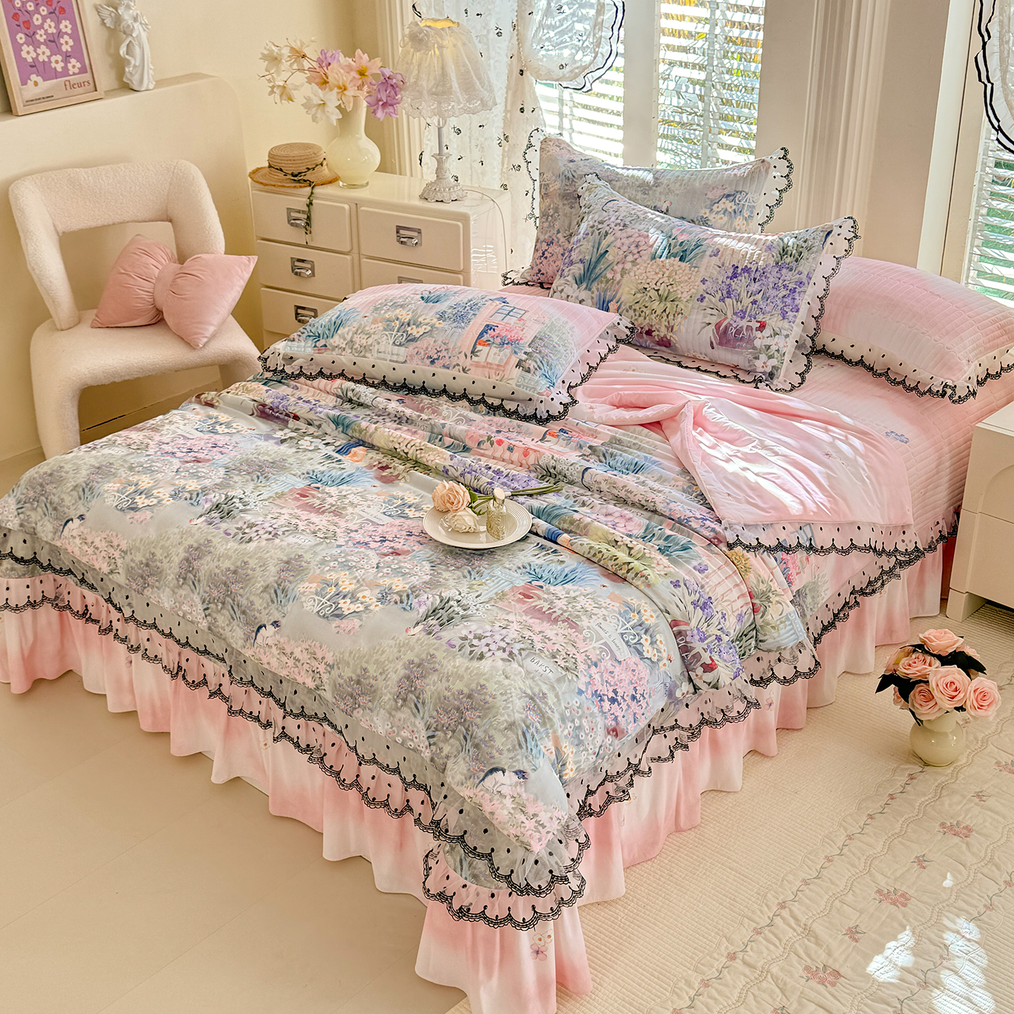 2026新款凉感丝花边夏被床盖款四件套 花团锦簇