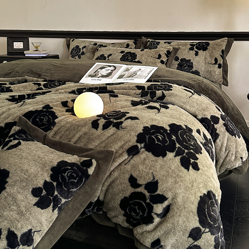 2025秋冬新款丹麦兔毛绒宽边牛奶绒四件套 宽边兔绒-绽放-灰