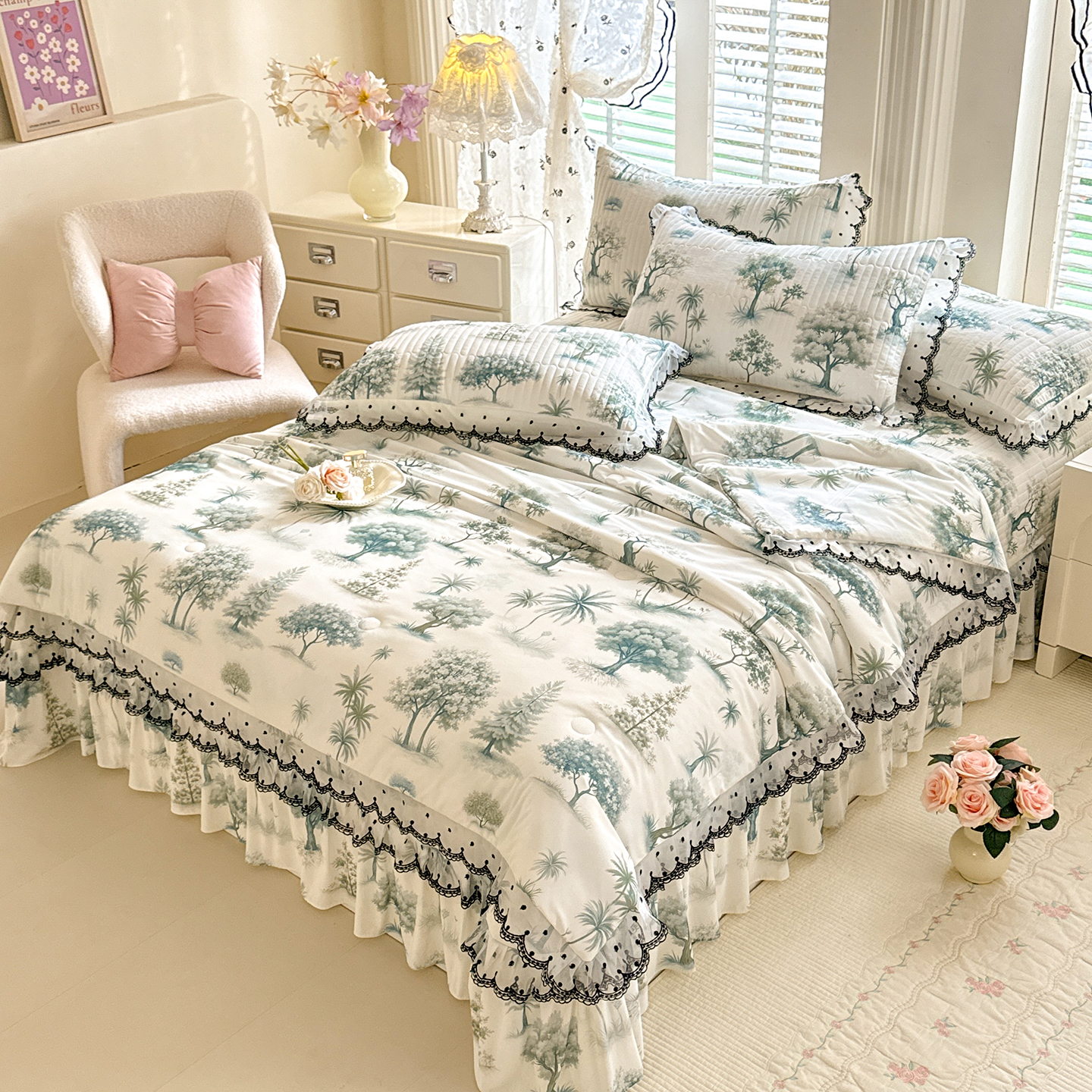 2026新款凉感丝花边夏被床盖款四件套 热带雨林