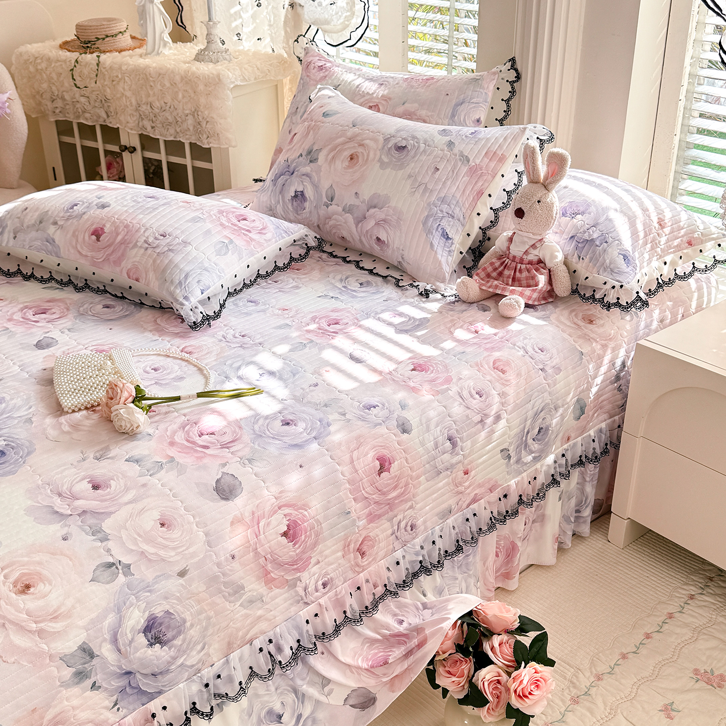 2026新款凉感丝夹棉床盖款三件套 玫瑰花语
