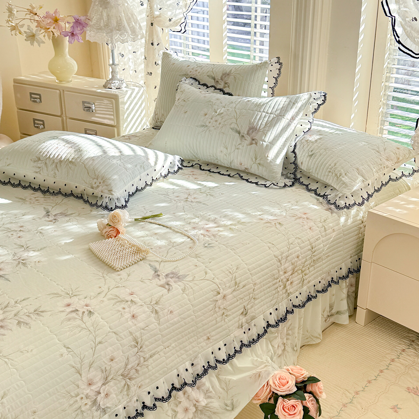 2026新款凉感丝夹棉床盖款三件套 花枝鸟影