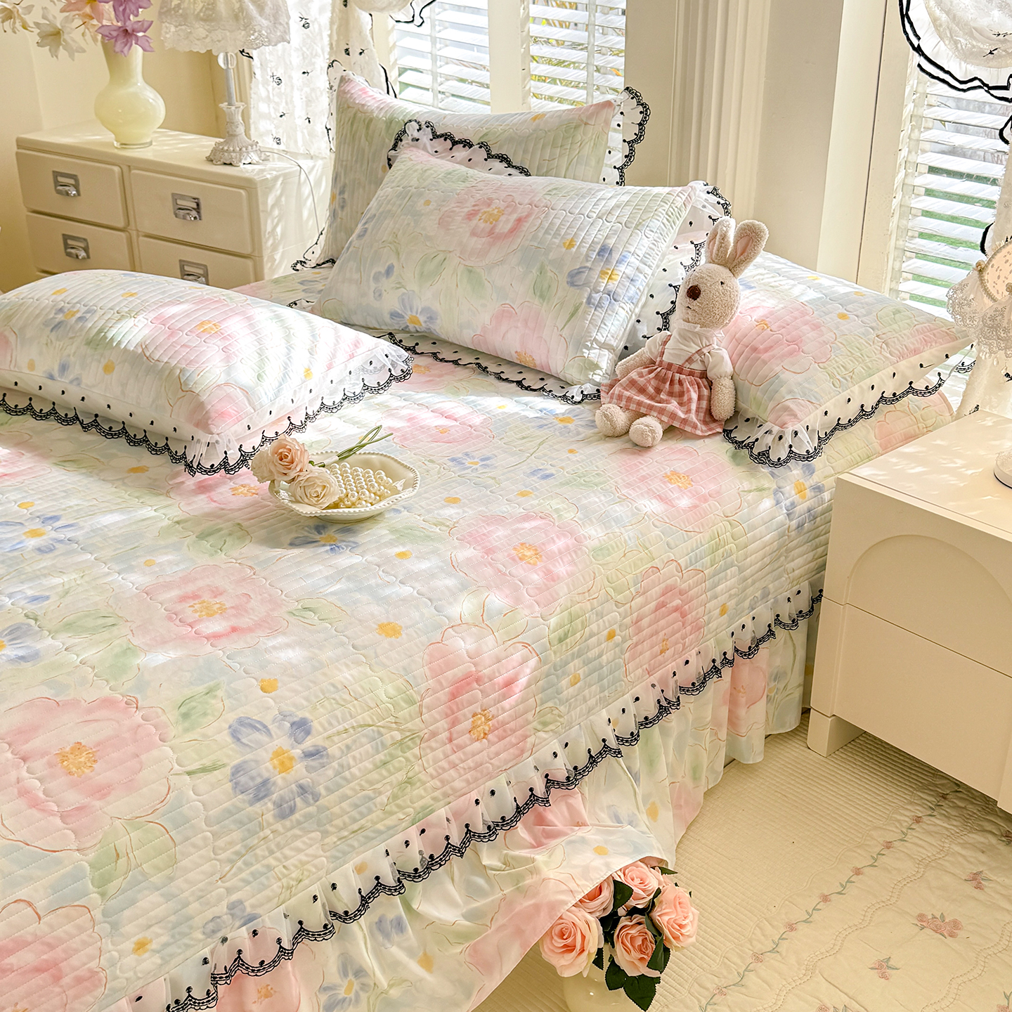 2026新款凉感丝夹棉床盖款三件套 山花浪漫