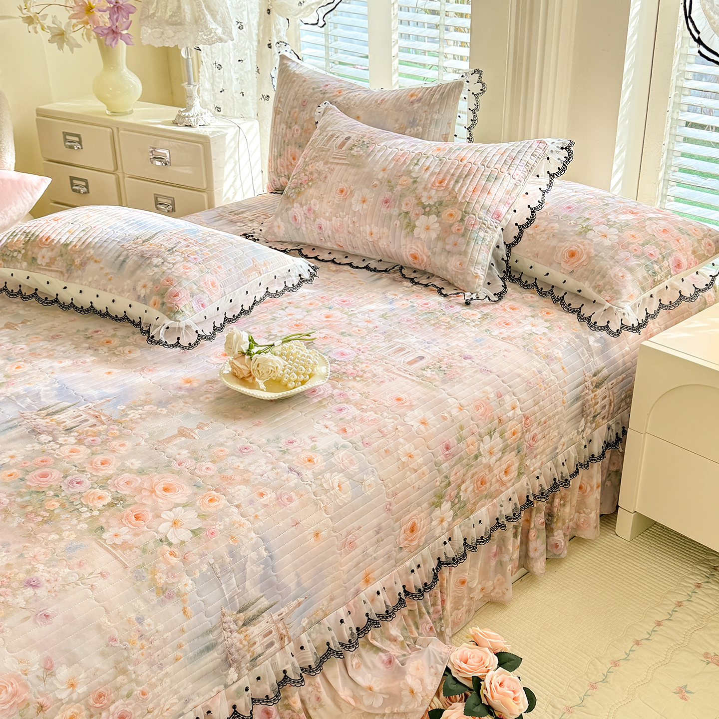 2026新款凉感丝夹棉床盖款三件套 烟水花雾