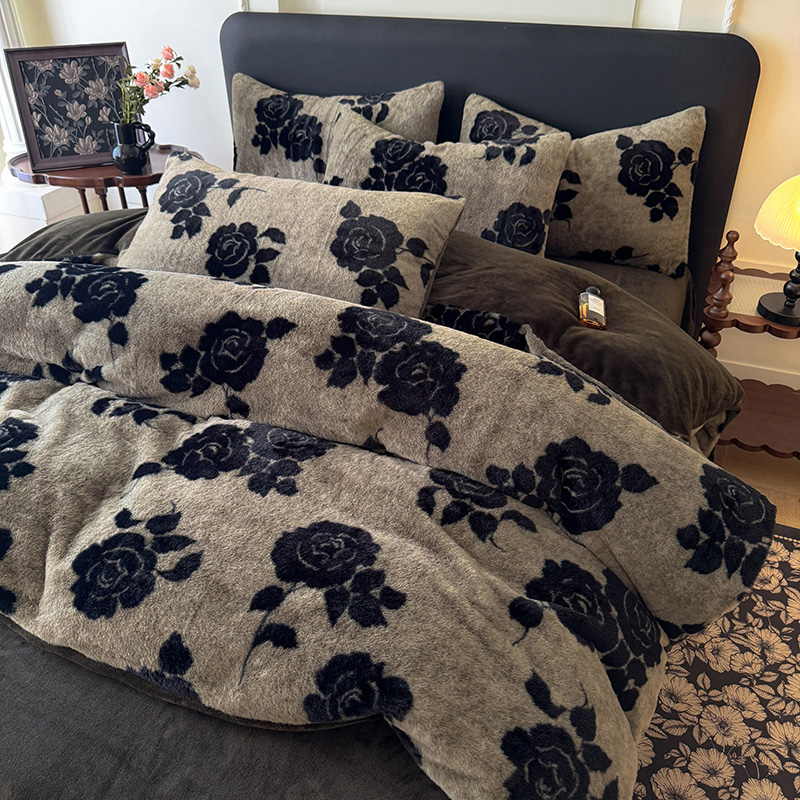 2025秋冬丹麦兔毛绒牛奶绒四件套 绽放-灰